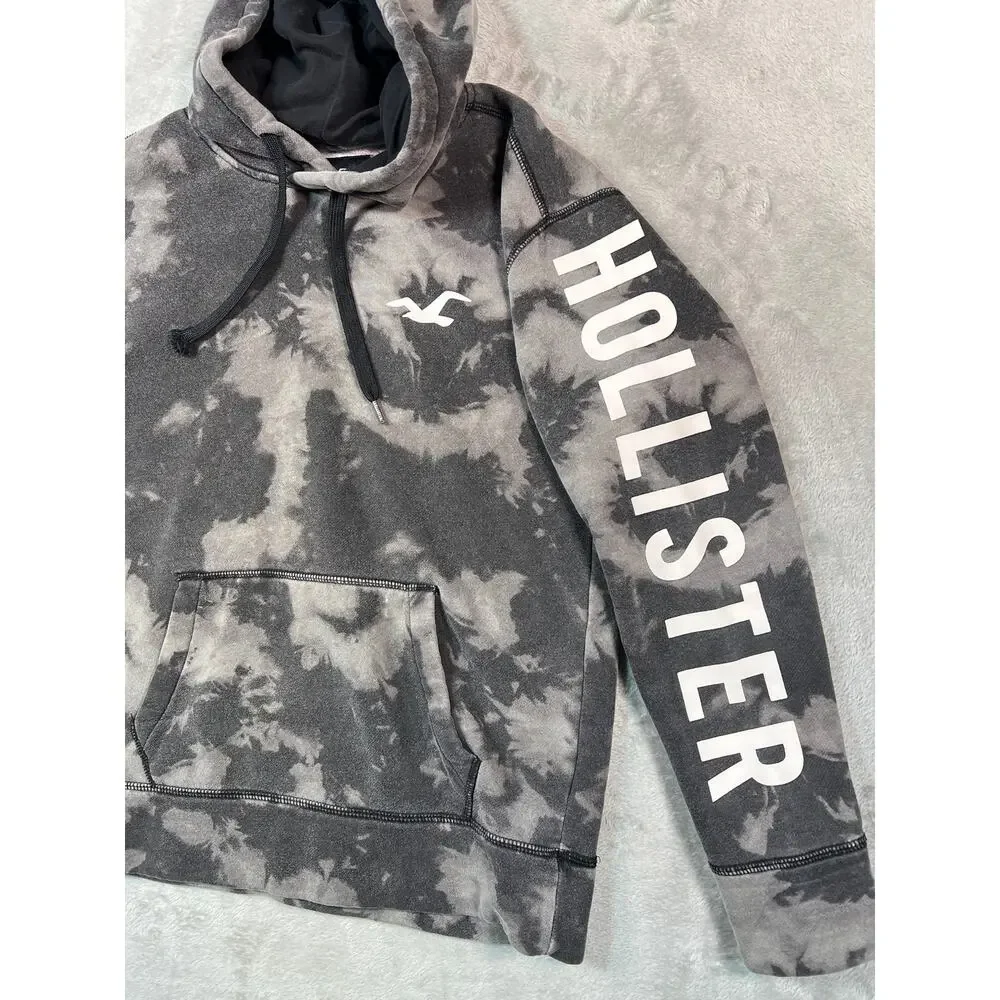 Vtg Hollister Gray Tie Dye Hoodie Small Graphic Sleeve Logo Pullover Y2K